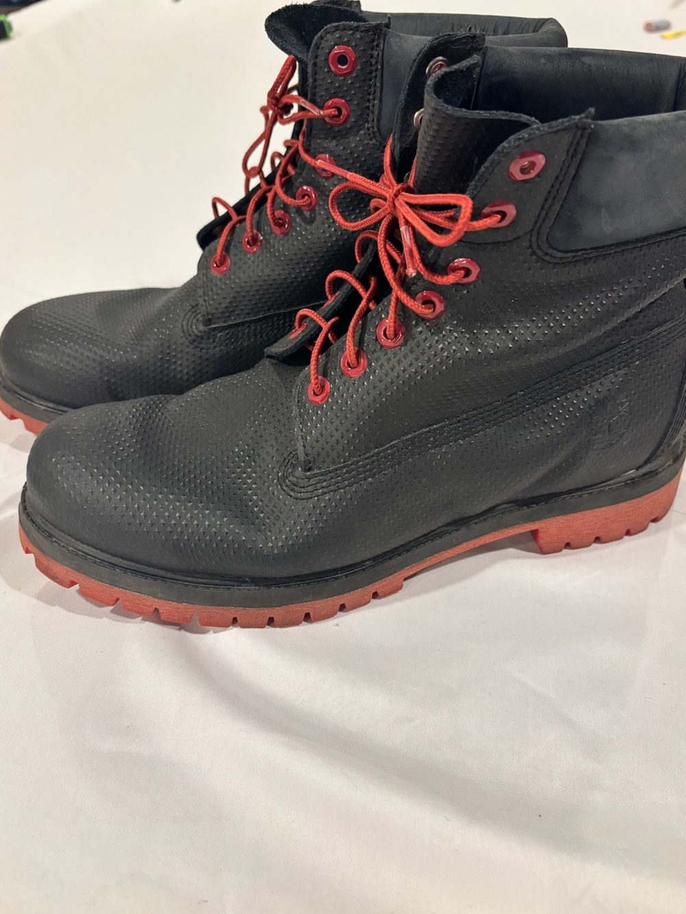 Timberland Premium 6 Inch Waterproof Boots Helcor Leather Black Red Bottoms 11.5